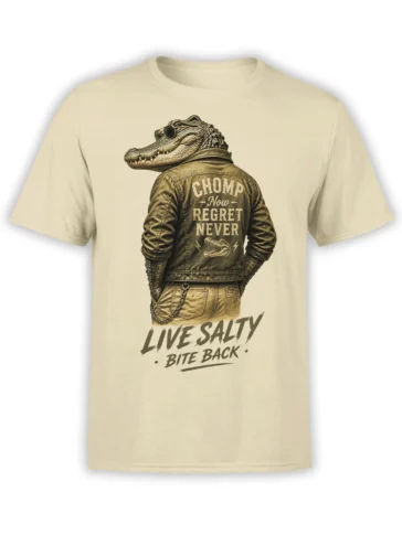 Vintage alligator biker graphic with sunglasses and bite-back lettering on a beige T-shirt