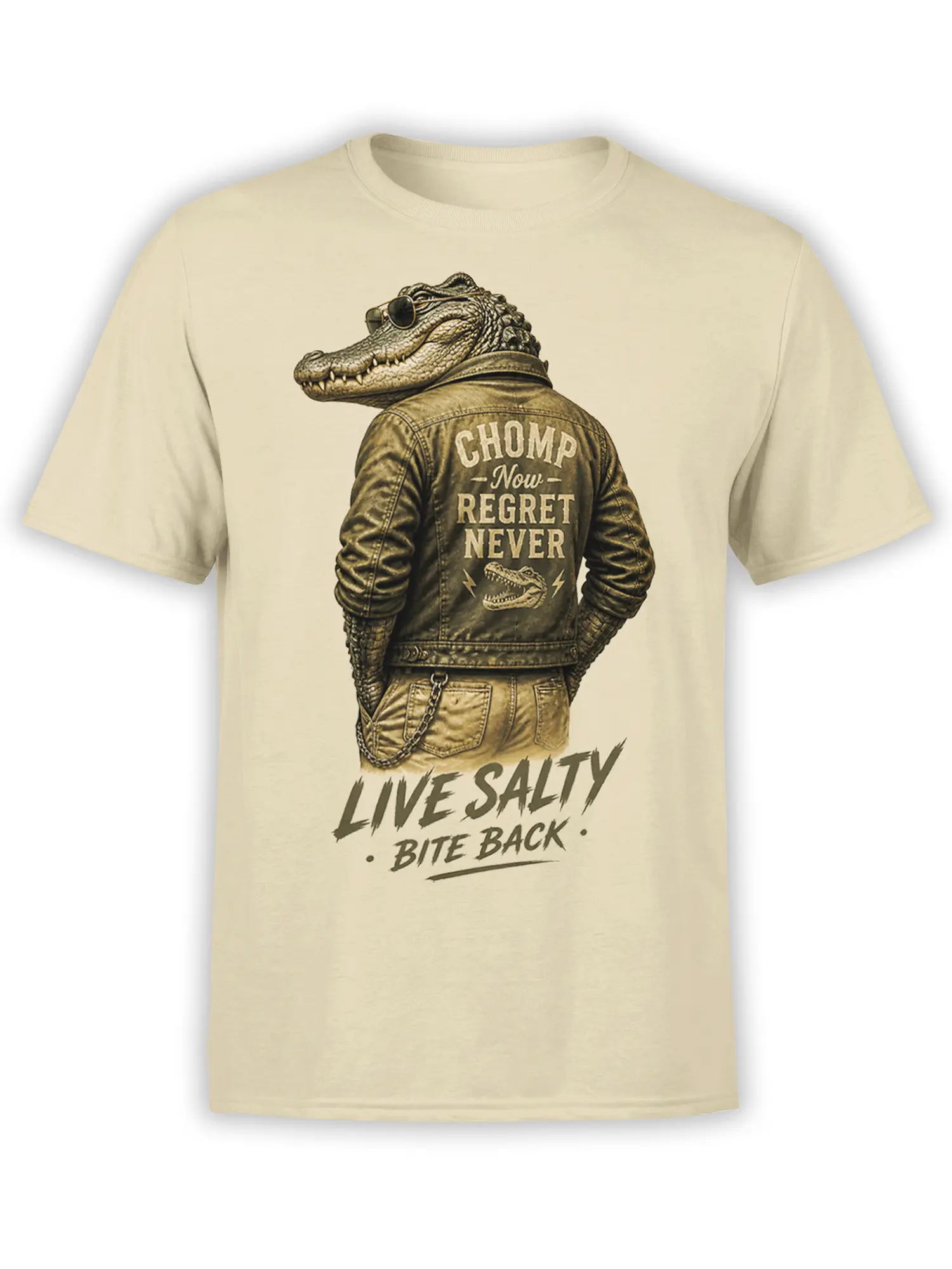 Vintage alligator biker graphic with sunglasses and bite-back lettering on a beige T-shirt