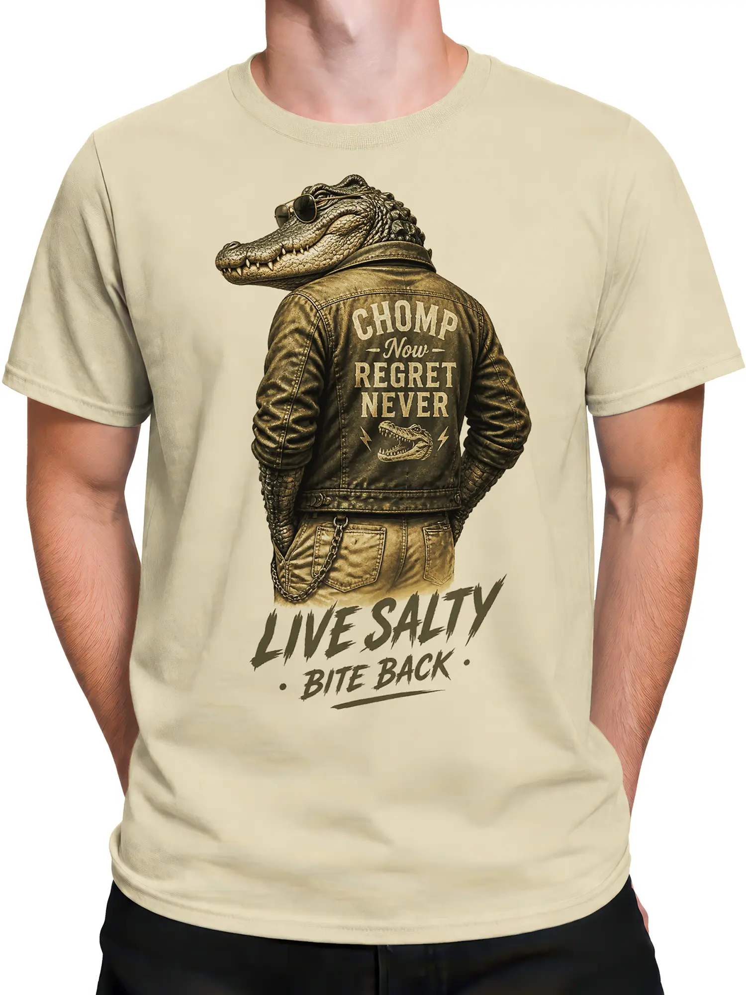 Male torso wearing a beige vintage alligator biker T-shirt with bold Live Salty and Bite Back text