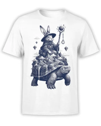 White T-shirt with a rabbit wizard riding a turtle through a detailed mountain landscape