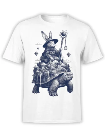 White T-shirt with a rabbit wizard riding a turtle through a detailed mountain landscape