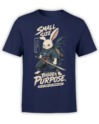 White rabbit warrior with sword and “Bigger Purpose” lettering printed on a navy graphic T-shirt