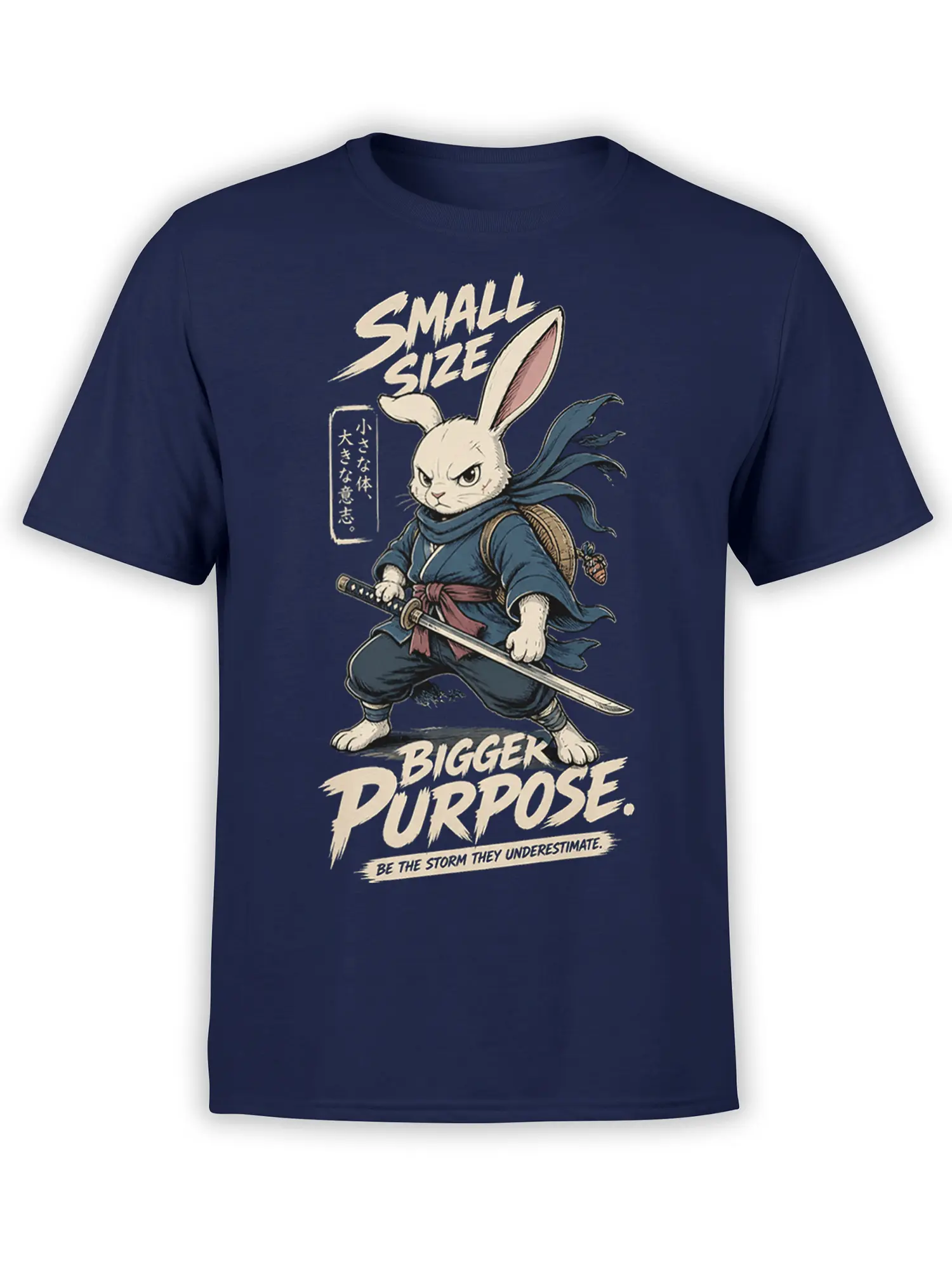 White rabbit warrior with sword and “Bigger Purpose” lettering printed on a navy graphic T-shirt