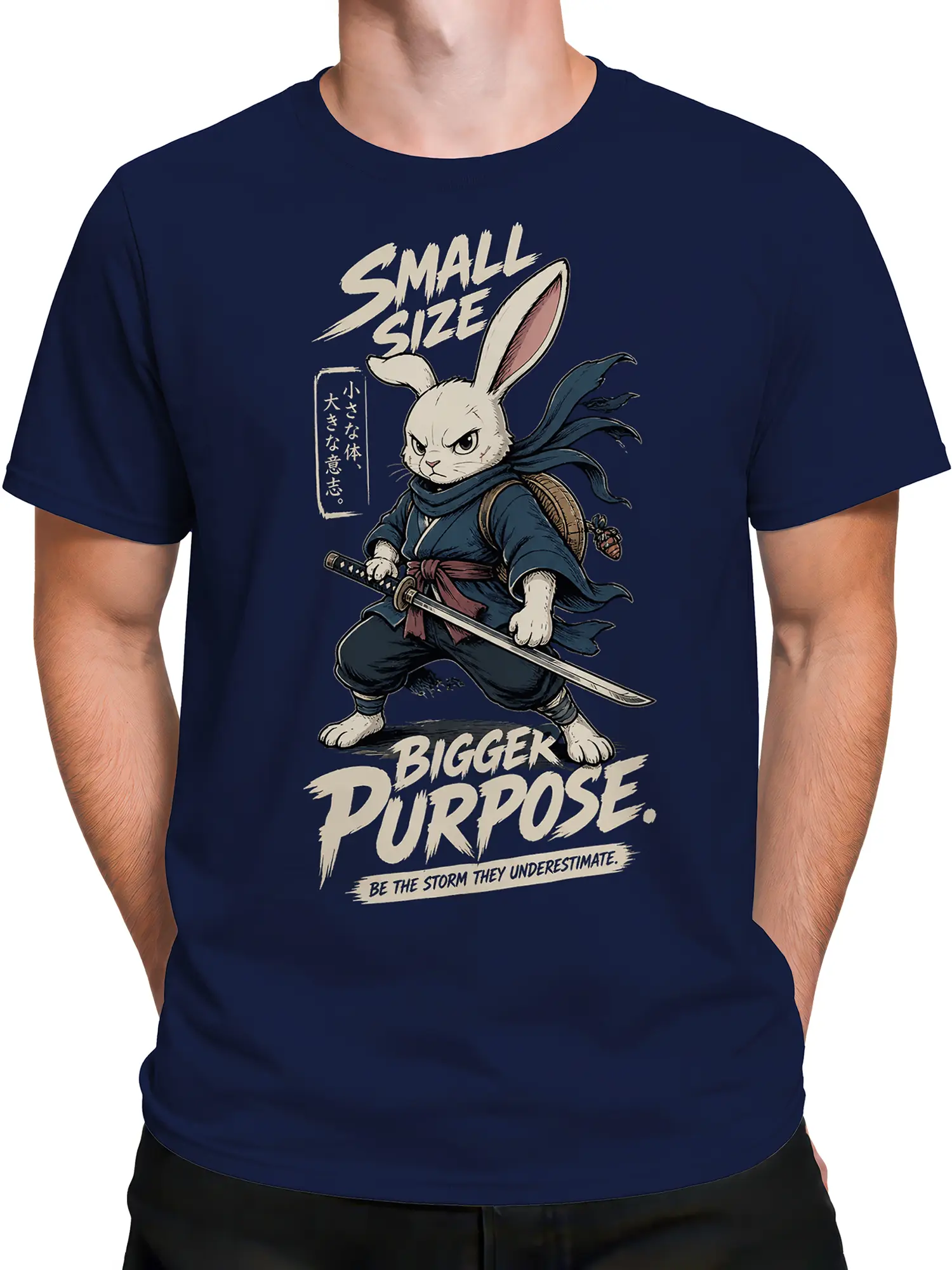 Male torso wearing a navy rabbit warrior T-shirt with sword artwork and bold Bigger Purpose lettering