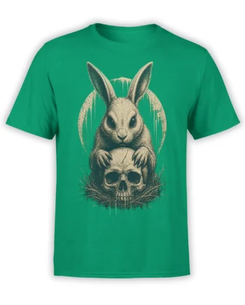 Green rabbit t-shirt featuring a watchful hare perched above a weathered skull in vintage gothic artwork