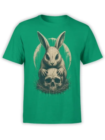 Green rabbit t-shirt featuring a watchful hare perched above a weathered skull in vintage gothic artwork