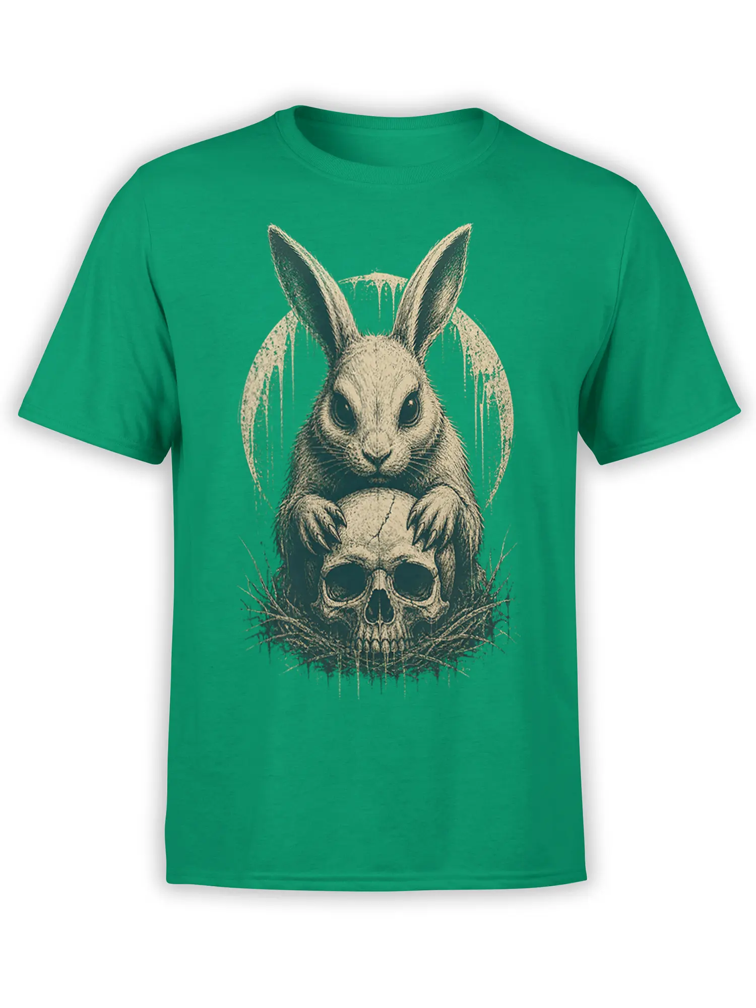 Green rabbit t-shirt featuring a watchful hare perched above a weathered skull in vintage gothic artwork