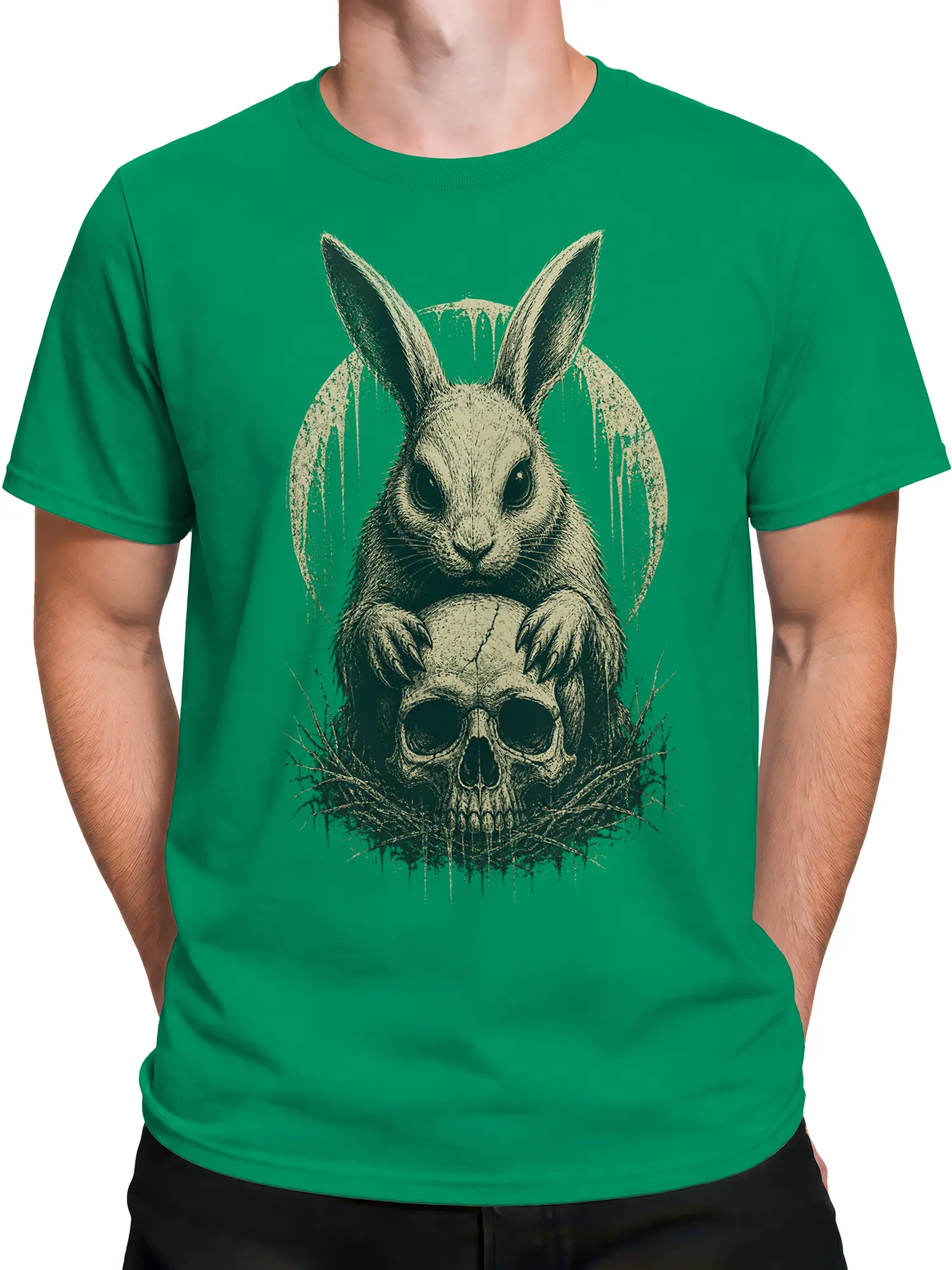Male torso wearing a green rabbit T-shirt with distressed gothic skull artwork