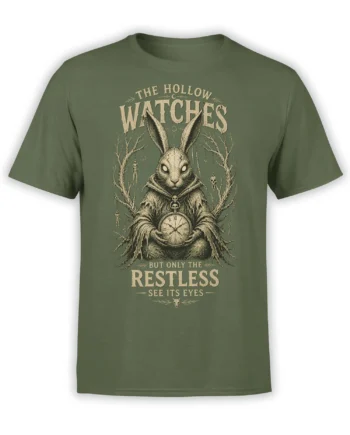 Olive green T-shirt with a restless witch rabbit holding a pocket watch beneath the words The Hollow Watches