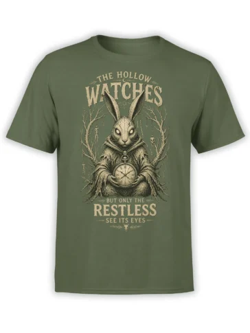 Olive green T-shirt with a restless witch rabbit holding a pocket watch beneath the words The Hollow Watches