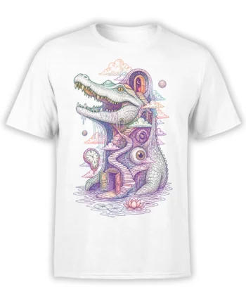 White T-shirt with a surreal crocodile dreamscape, winding stairs, secret doors, clocks, planets, and a lotus