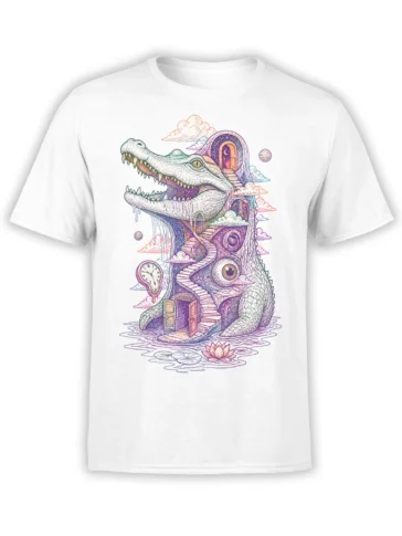 White T-shirt with a surreal crocodile dreamscape, winding stairs, secret doors, clocks, planets, and a lotus