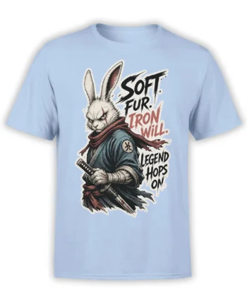 Light blue rabbit warrior T-shirt with sword, red scarf, and “Soft Fur Iron Will” fantasy artwork