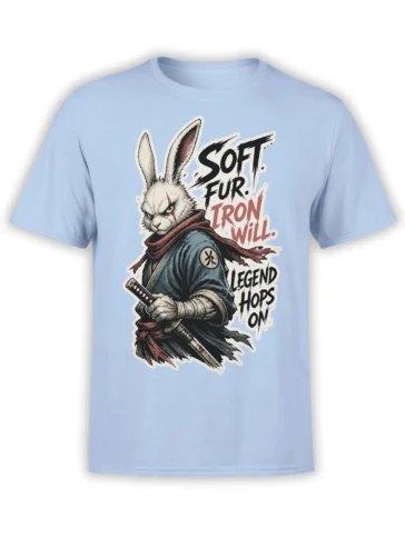 Light blue rabbit warrior T-shirt with sword, red scarf, and “Soft Fur Iron Will” fantasy artwork