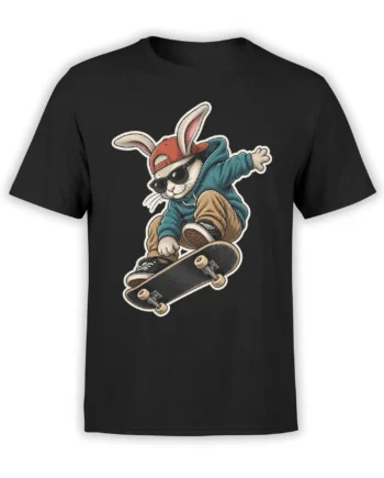 Black T-shirt with a rabbit in sunglasses, red cap, blue hoodie, and sneakers riding a skateboard