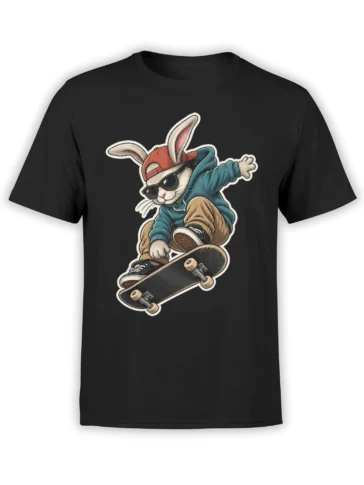Black T-shirt with a rabbit in sunglasses, red cap, blue hoodie, and sneakers riding a skateboard