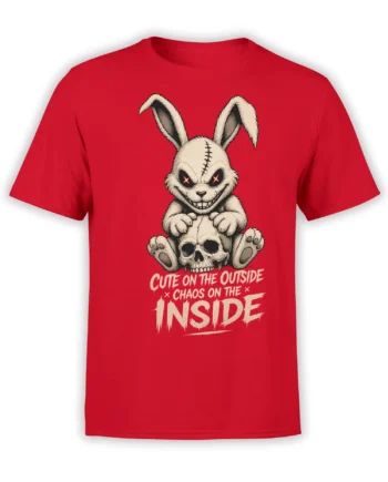 Creepy stitched rabbit sitting on a skull with chaos text printed on a red T-shirt