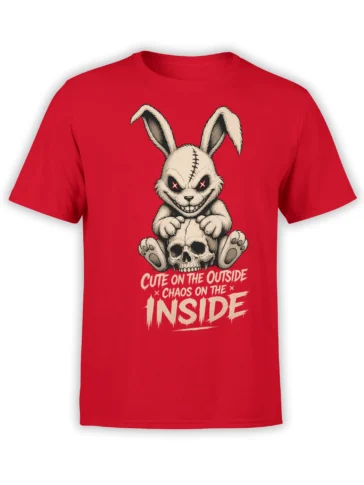 Creepy stitched rabbit sitting on a skull with chaos text printed on a red T-shirt