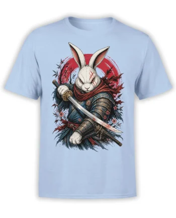 White rabbit warrior holding a sword on a light blue shirt with red brushwork and cherry blossoms