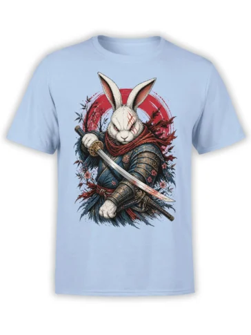 White rabbit warrior holding a sword on a light blue shirt with red brushwork and cherry blossoms