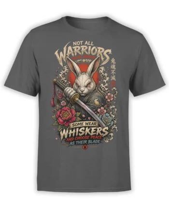 White rabbit warrior holding a sword with flowers and a peace message on a gray T-shirt