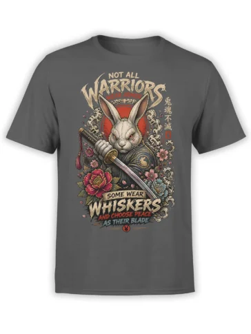 White rabbit warrior holding a sword with flowers and a peace message on a gray T-shirt