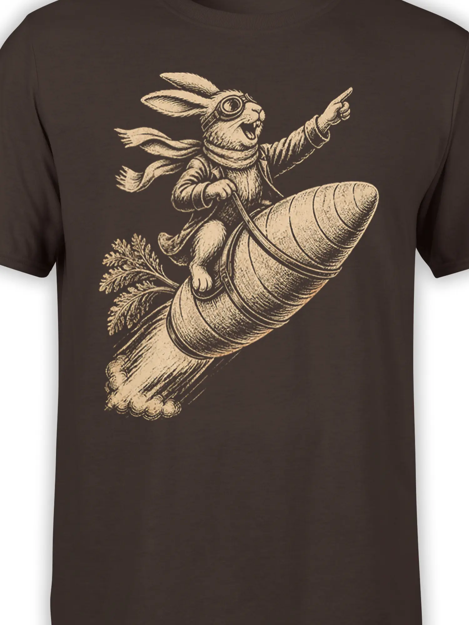 Close-up of the vintage rabbit aviator design and giant carrot printed on a brown T-shirt
