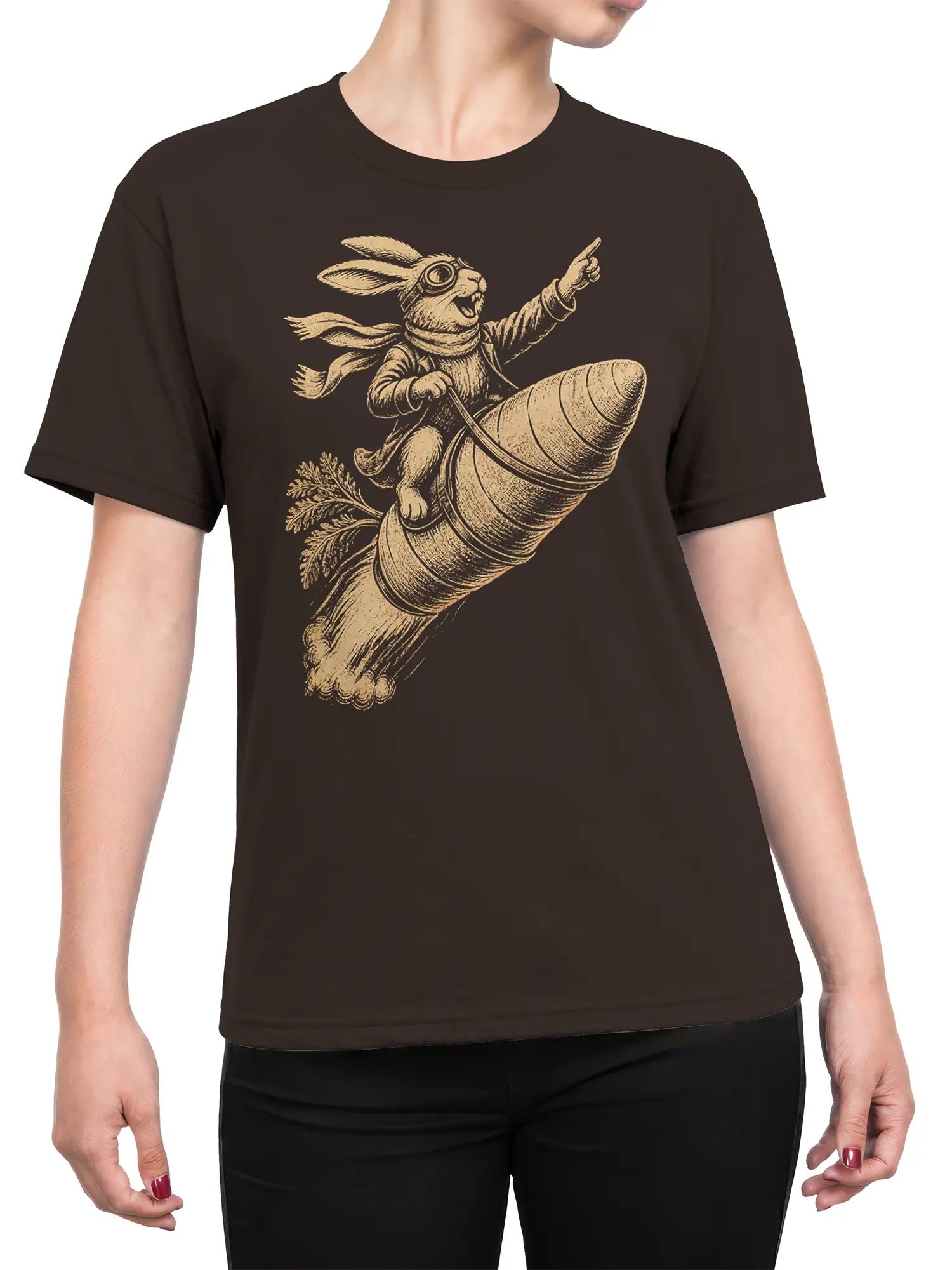 Female torso wearing a brown rabbit T-shirt with a cream vintage carrot flight illustration
