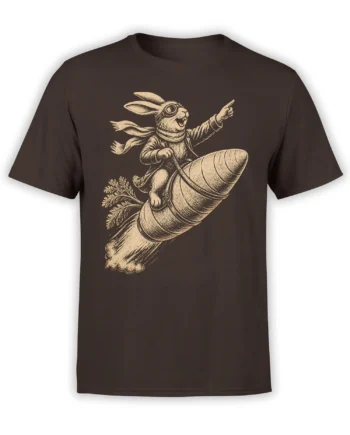 Brown T-shirt with a vintage cream illustration of a goggled rabbit riding a giant carrot