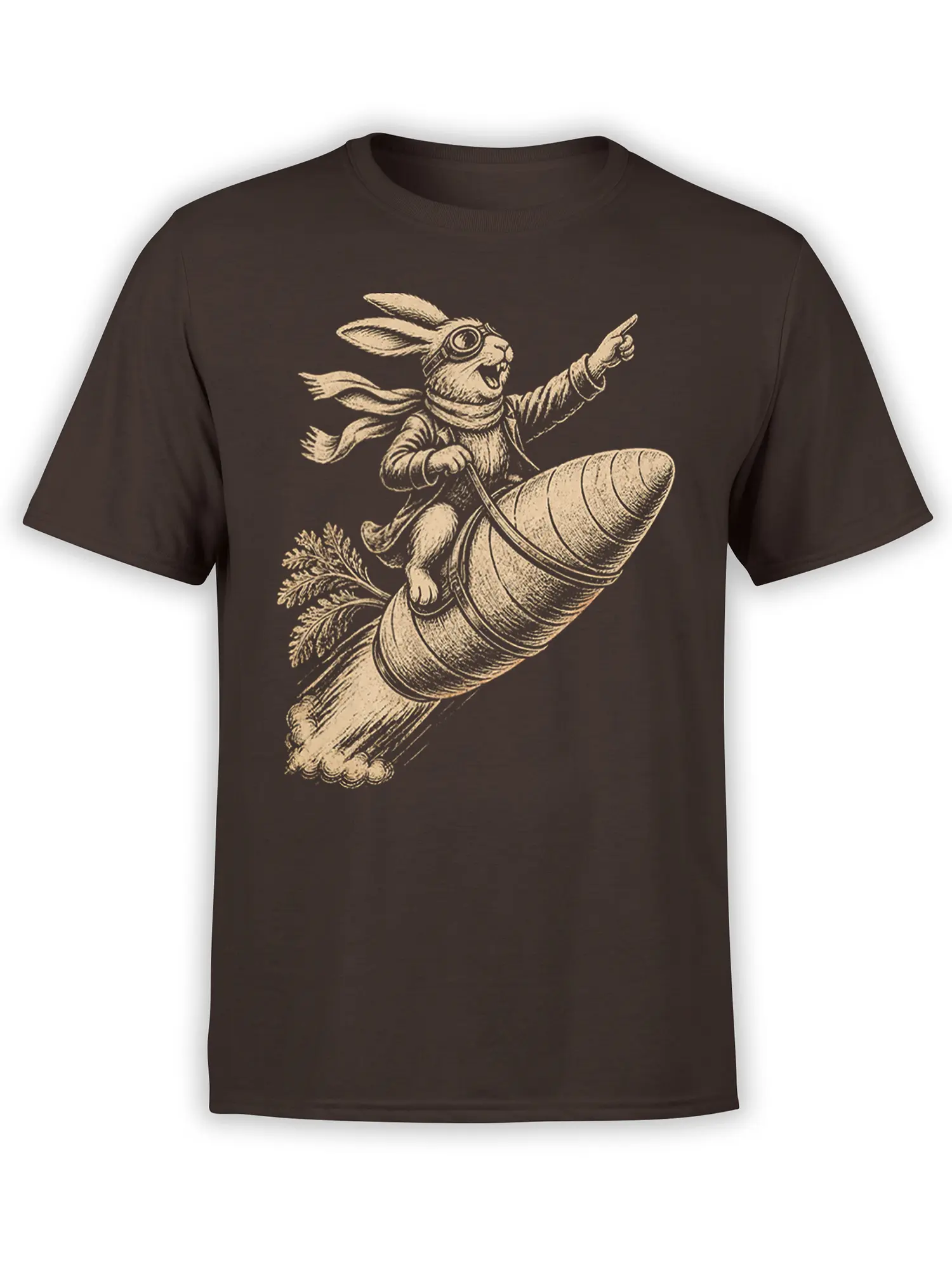 Brown T-shirt with a vintage cream illustration of a goggled rabbit riding a giant carrot