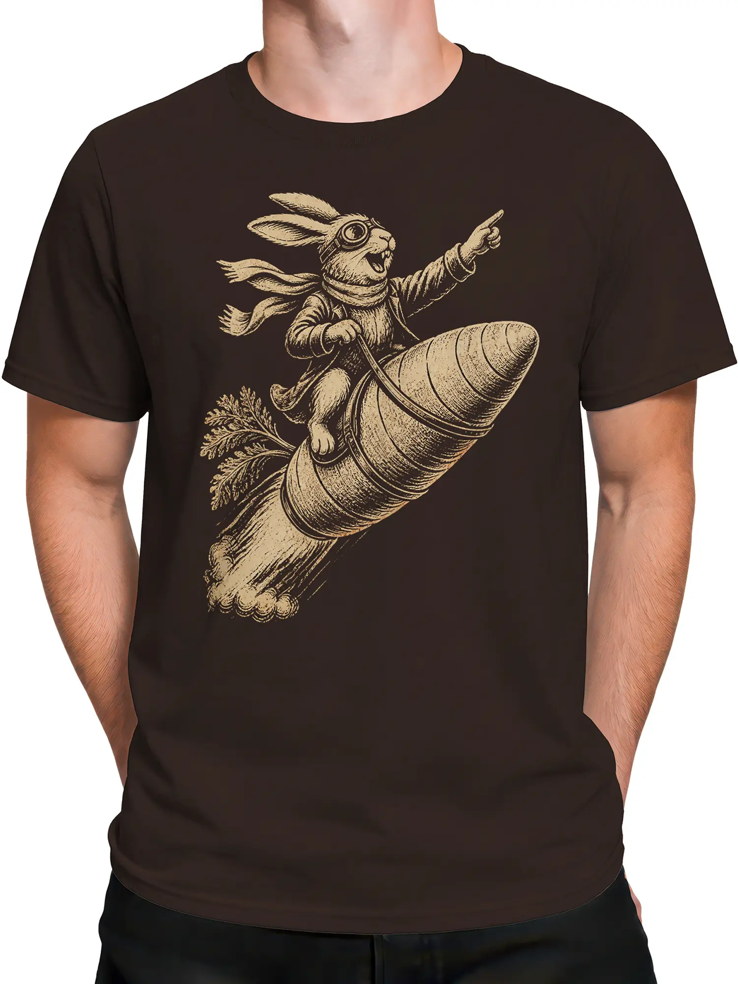 Male torso wearing a brown T-shirt with a vintage cream rabbit riding a giant carrot