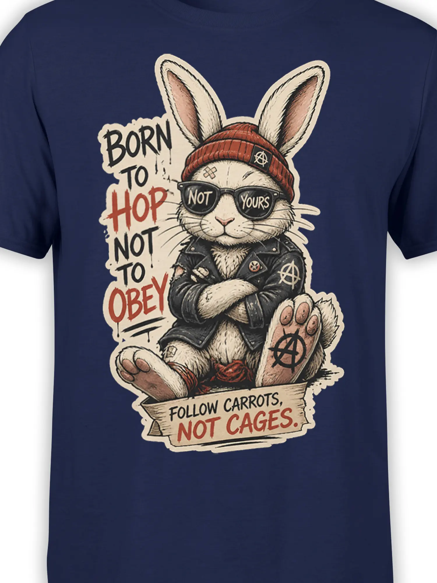 Close-up of punk rabbit artwork with sunglasses, anarchist symbols, and bold “Born to Hop” lettering