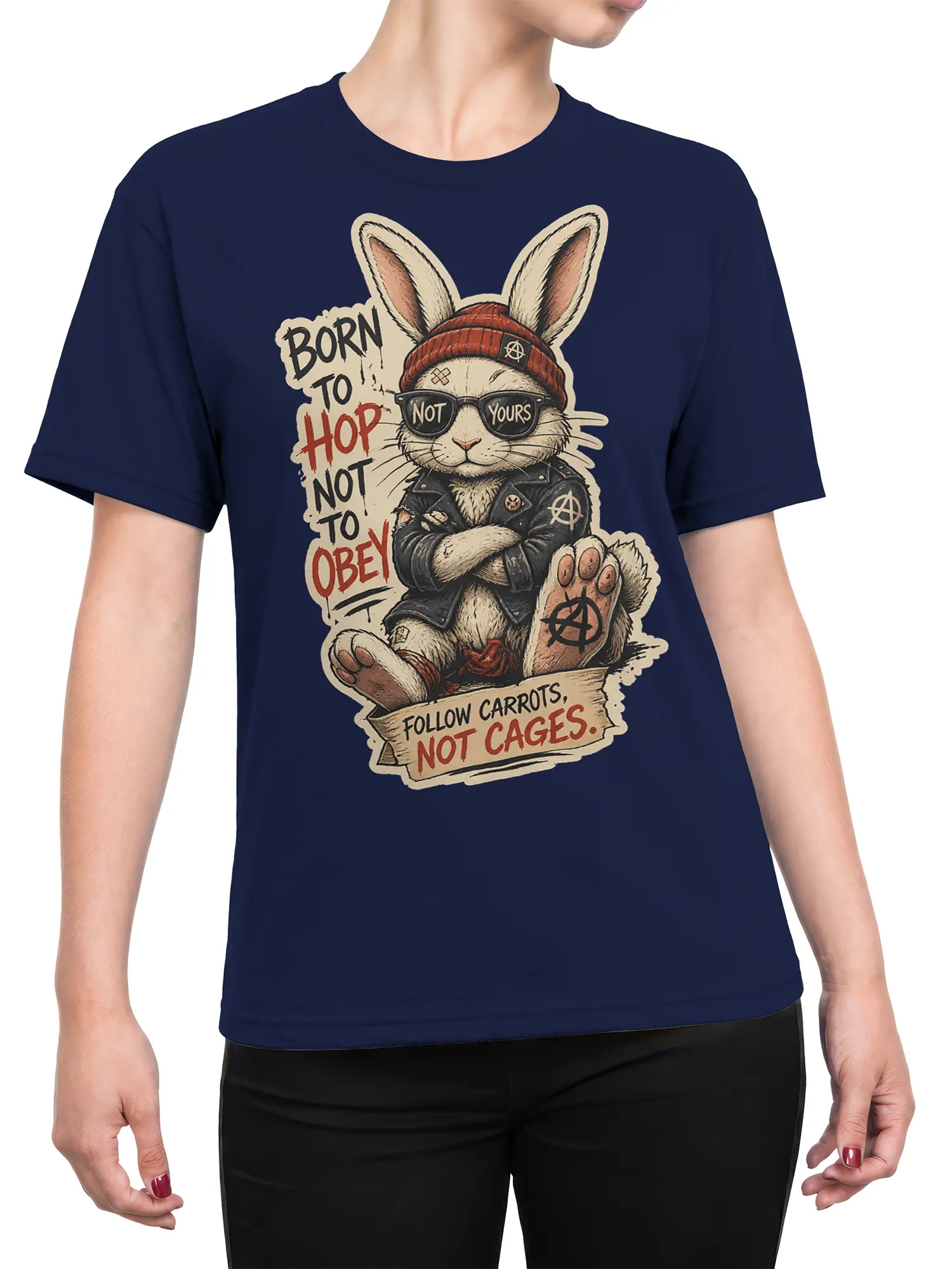 Female torso wearing a navy rabbit graphic tee with punk artwork and “Follow Carrots, Not Cages” message