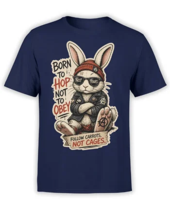 Rebellious rabbit in sunglasses and punk jacket with “Follow Carrots, Not Cages” text on a navy shirt