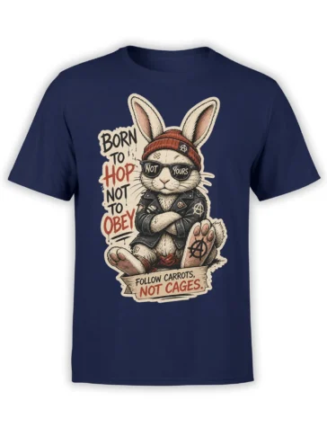 Rebellious rabbit in sunglasses and punk jacket with “Follow Carrots, Not Cages” text on a navy shirt