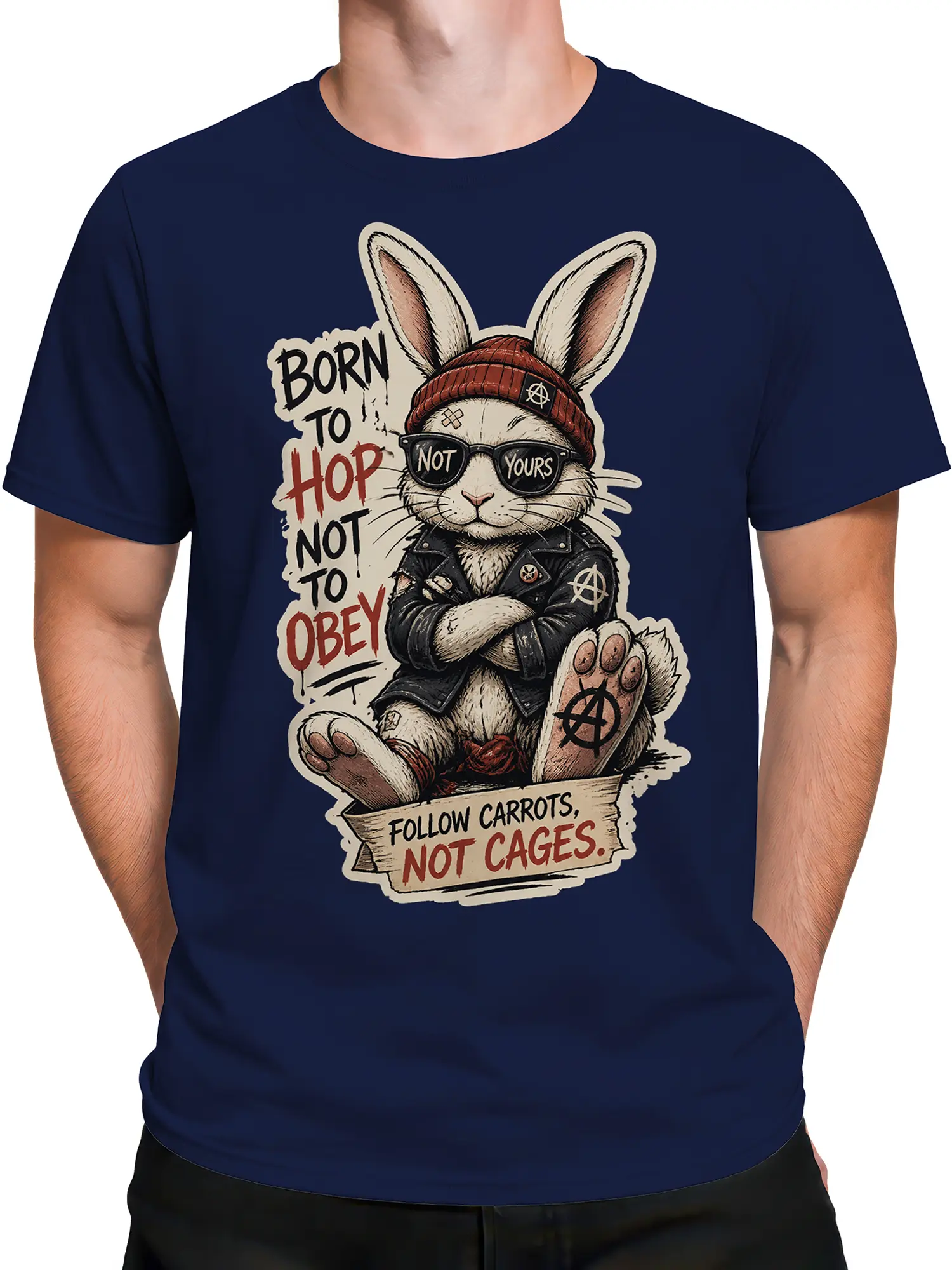 Male torso wearing a navy punk rabbit T-shirt with sunglasses, beanie, and rebellious lettering