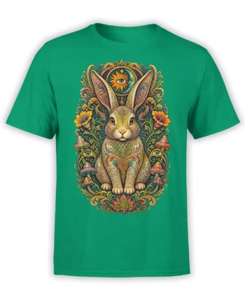 Ornate mystical rabbit graphic with flowers, mushrooms, and watchful eyes on a green T-shirt