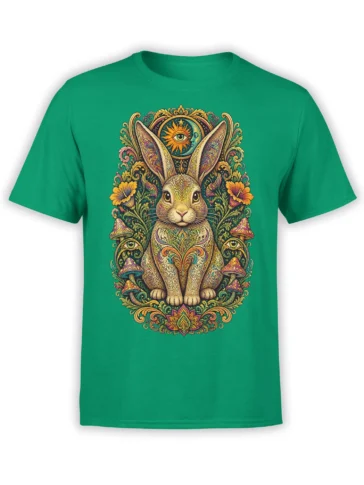 Ornate mystical rabbit graphic with flowers, mushrooms, and watchful eyes on a green T-shirt