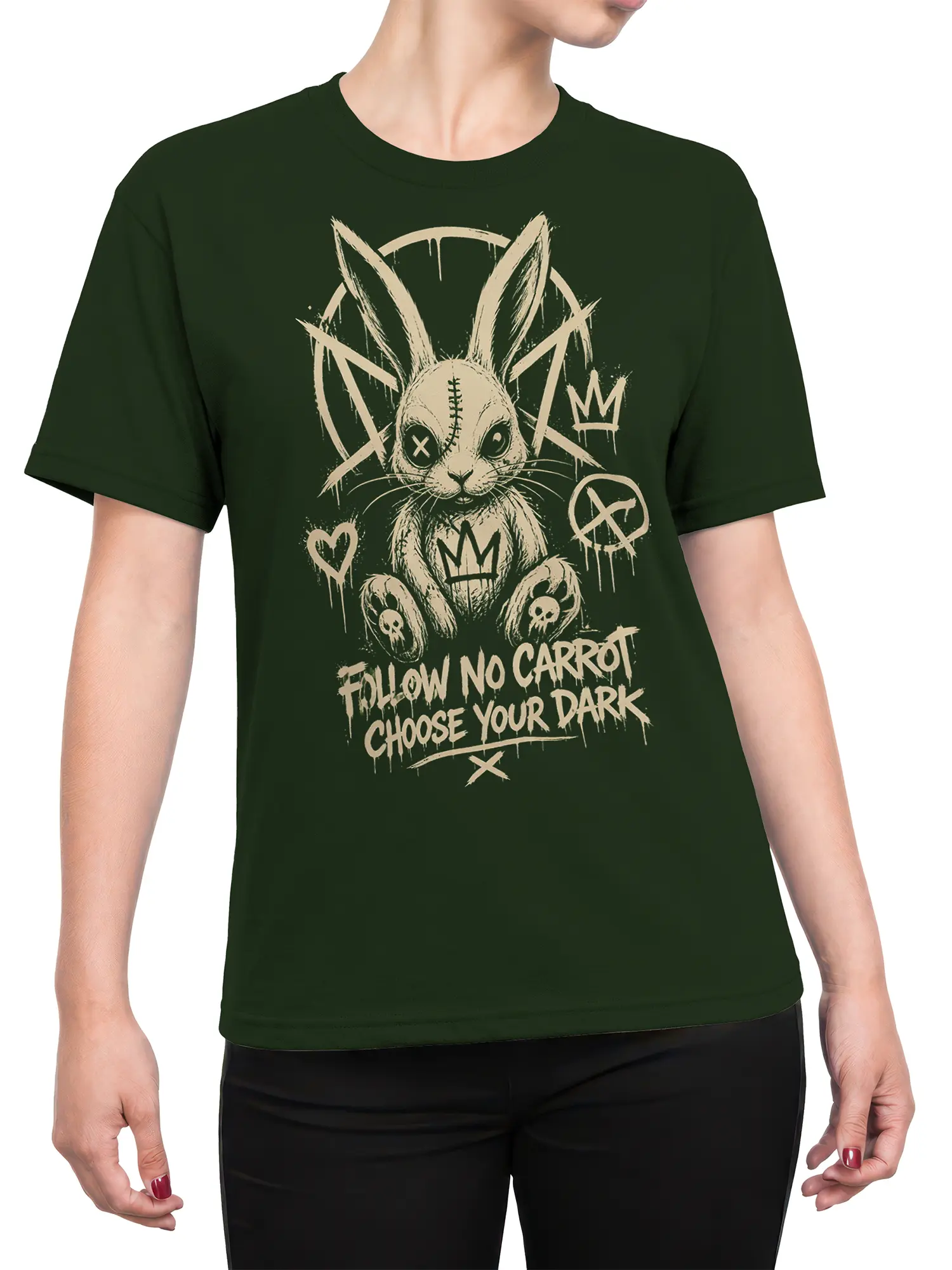 Female torso wearing a dark green T-shirt with a crowned gothic rabbit and “Follow No Carrot” design