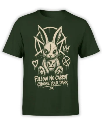 Gothic rabbit with a crown, stitched eye, skull-marked paws, and dark slogan on a green T-shirt