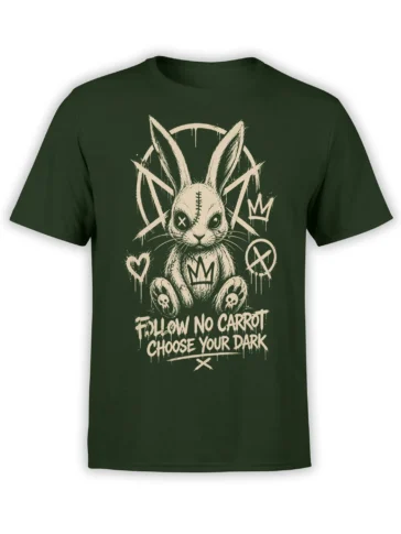 Gothic rabbit with a crown, stitched eye, skull-marked paws, and dark slogan on a green T-shirt