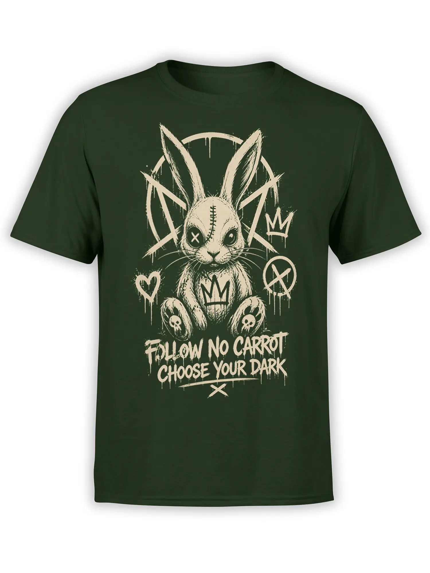 Gothic rabbit with a crown, stitched eye, skull-marked paws, and dark slogan on a green T-shirt