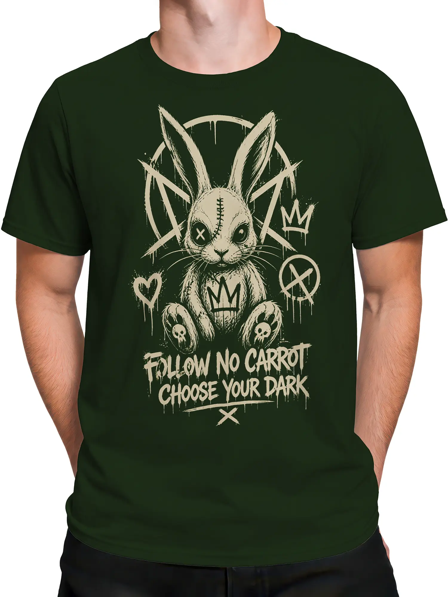 Male torso wearing a dark green T-shirt with a creepy crowned rabbit graphic and dark slogan