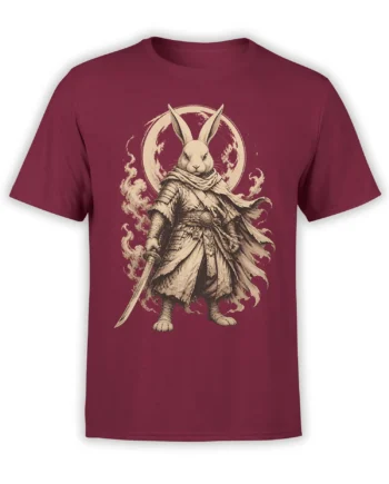 Armored rabbit warrior holding a sword beneath a full moon on a maroon T-shirt