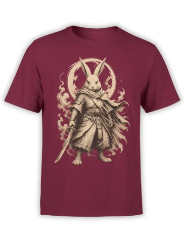 Armored rabbit warrior holding a sword beneath a full moon on a maroon T-shirt