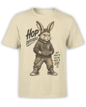 Beige rabbit T-shirt with a streetwear bunny, bold Hop Different text, and a rebellious leap-forward message