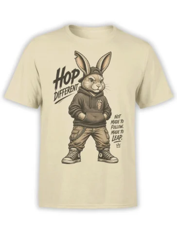 Beige rabbit T-shirt with a streetwear bunny, bold Hop Different text, and a rebellious leap-forward message