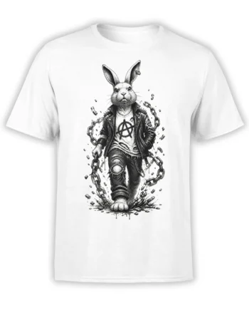 White T-shirt featuring a rebellious rabbit in a leather-style jacket with broken chains and an anarchy symbol
