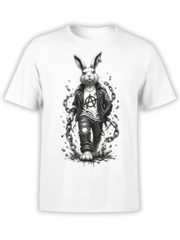 White T-shirt featuring a rebellious rabbit in a leather-style jacket with broken chains and an anarchy symbol