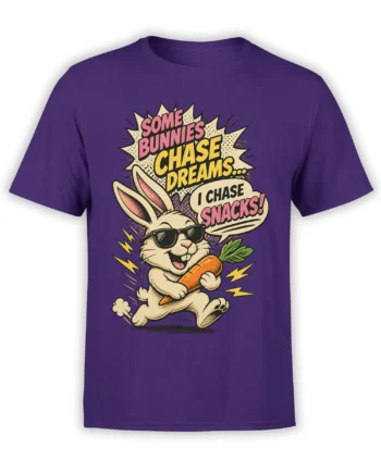 Purple rabbit T-shirt with a sunglasses-wearing bunny running with a carrot and chasing snacks